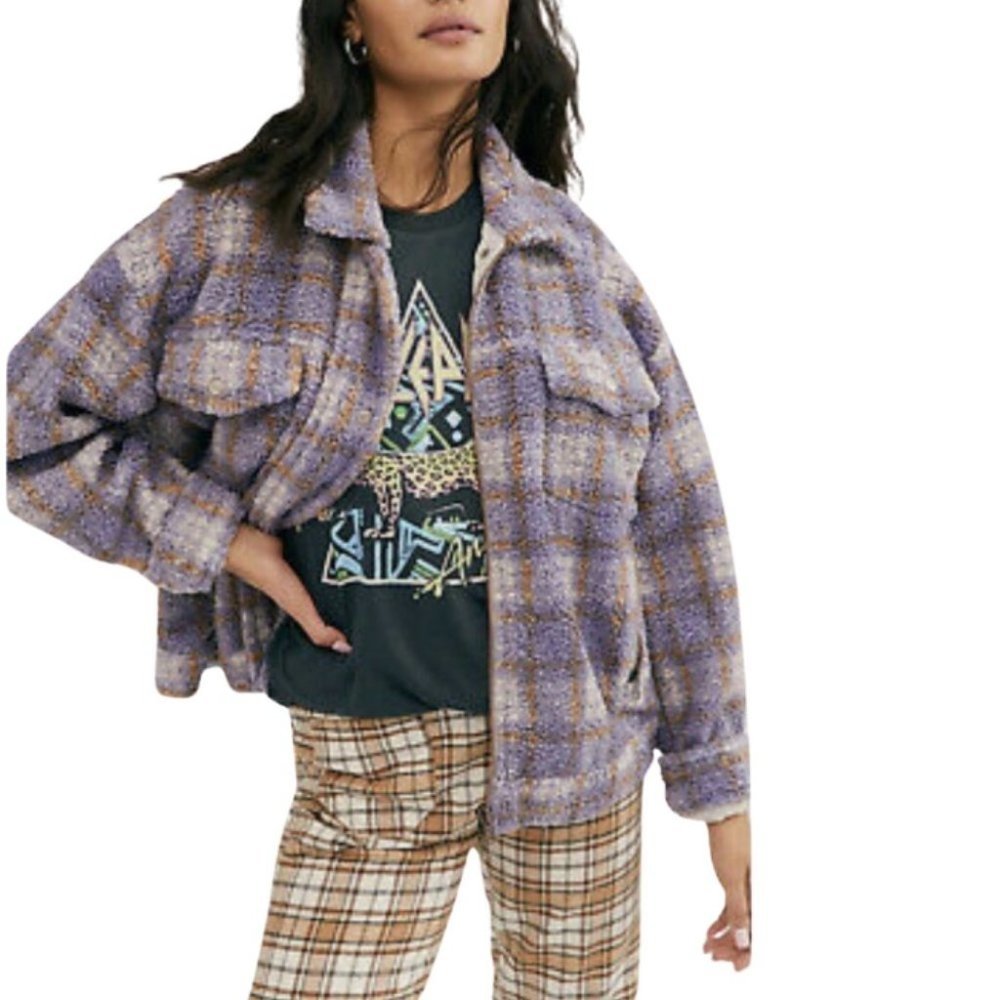 We The Free Faded Dreams Trucker Jacket Plaid Zip Up Cozy Purple Brown XL